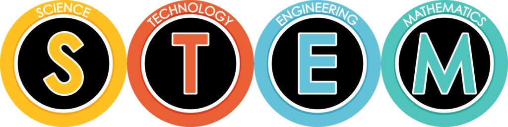 The letters S, T, E, and M each in their own circle with different colored rings around them.